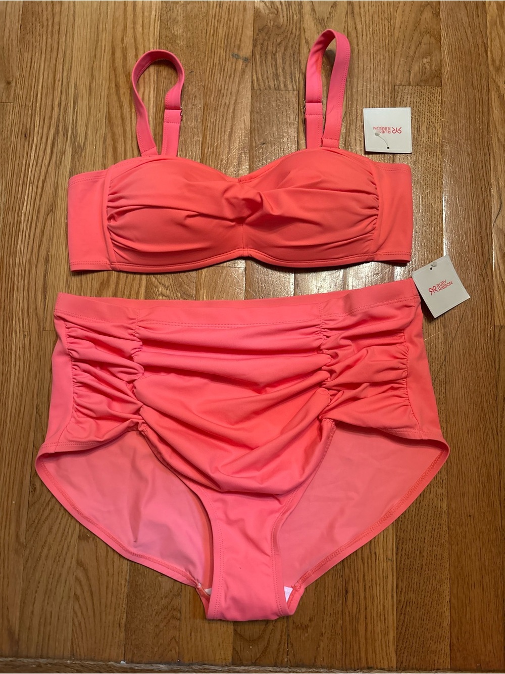 Ruby Ribbon Coral Pink Ruched Swim Set, Size 14 Top and XL Bottoms